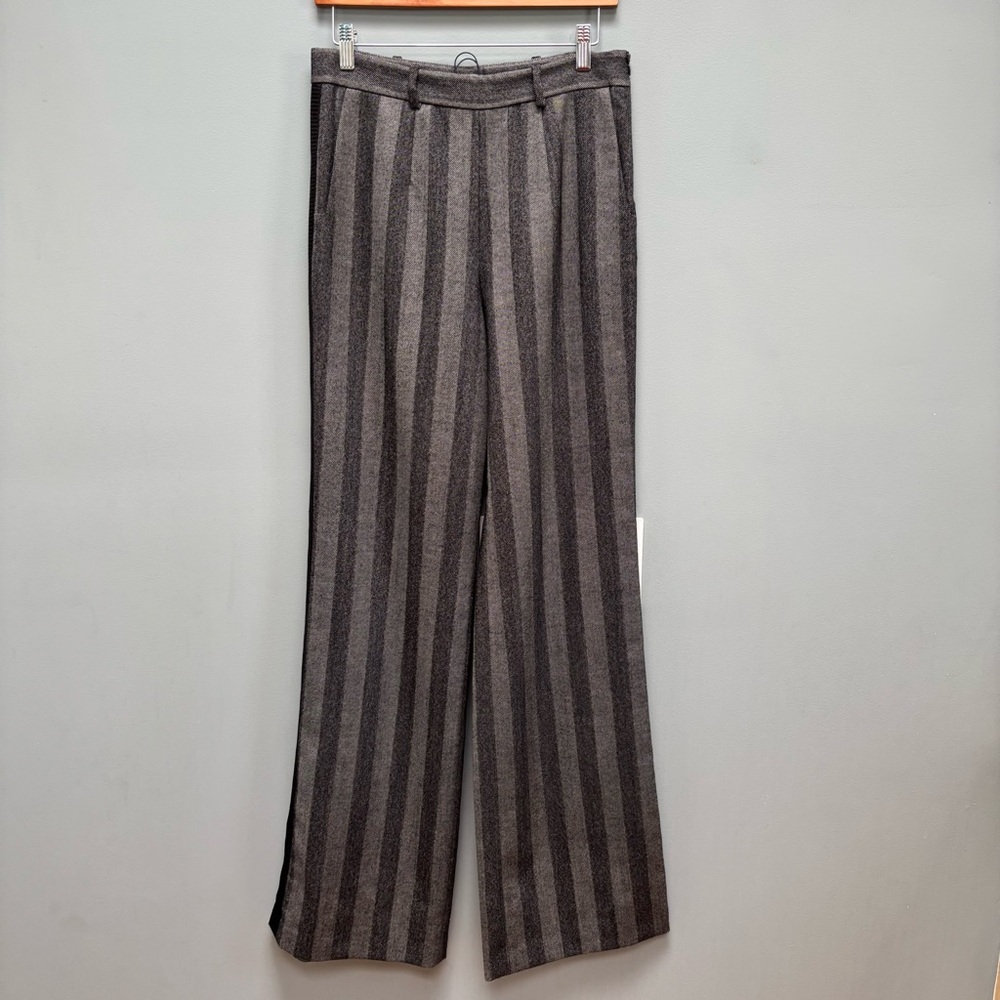 Maison Ullens Herringbone Virgin Wool Grey Black striped wide leg pants 12